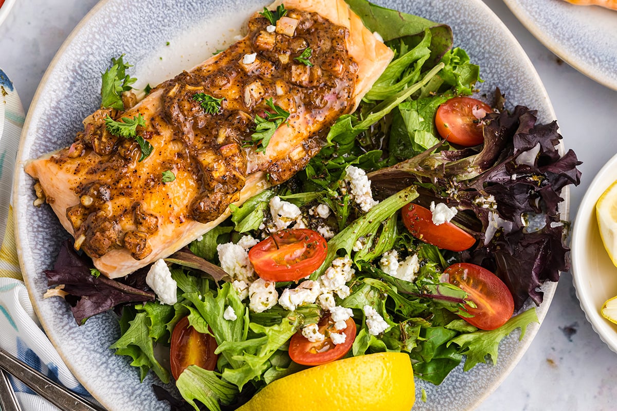 close up shot of salad topped with hot honey salad