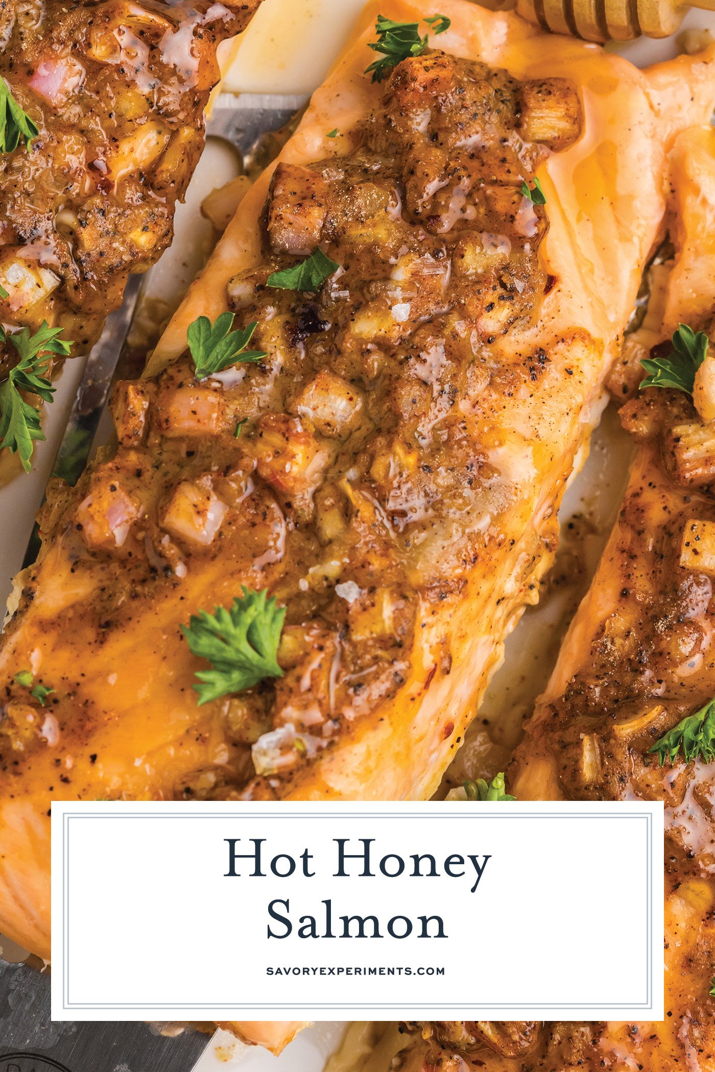 close up overhead shot of hot honey salmon with text overlay