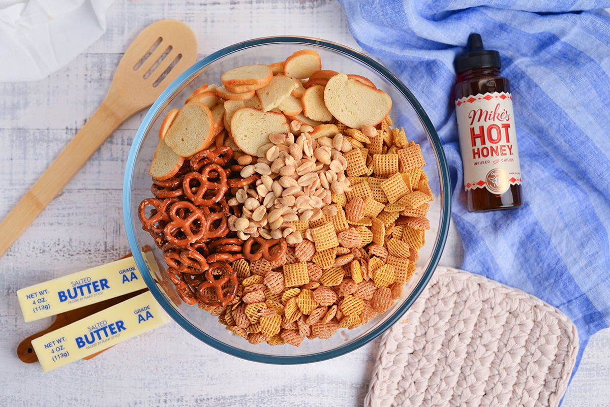 overhead shot of hot honey snack mix