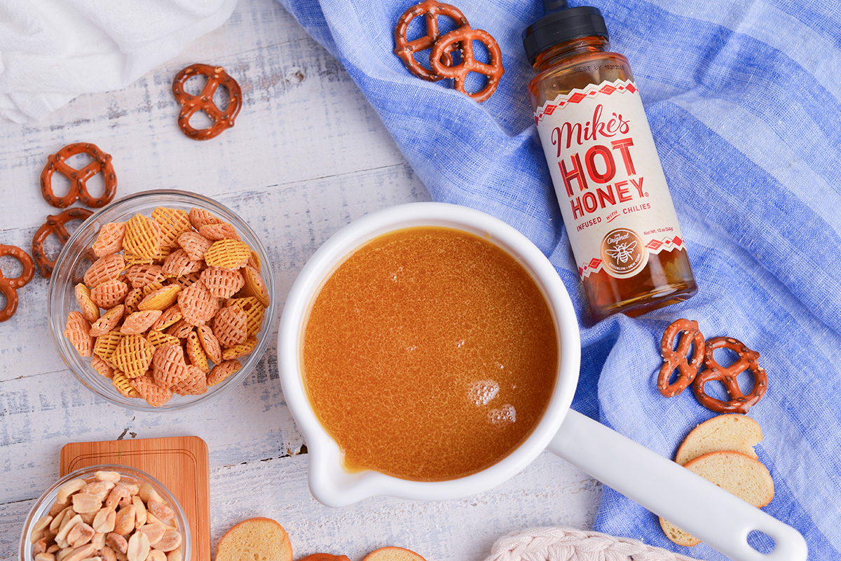 overhead shot of bowl of hot honey