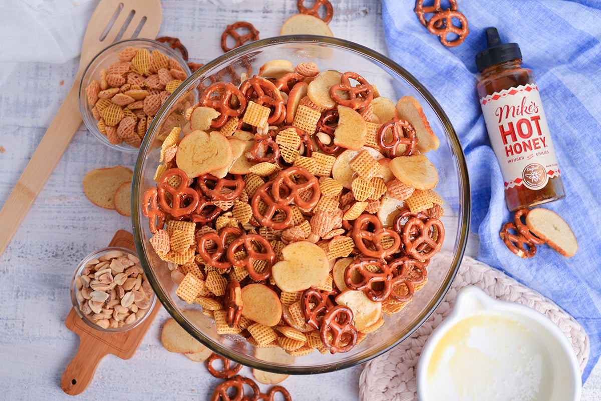 overhead shot of chex mix in bowl