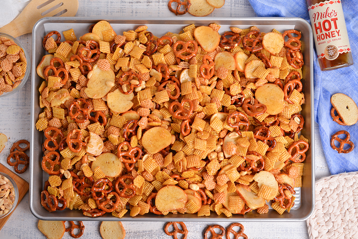 hot honey snack mix on sheet pan