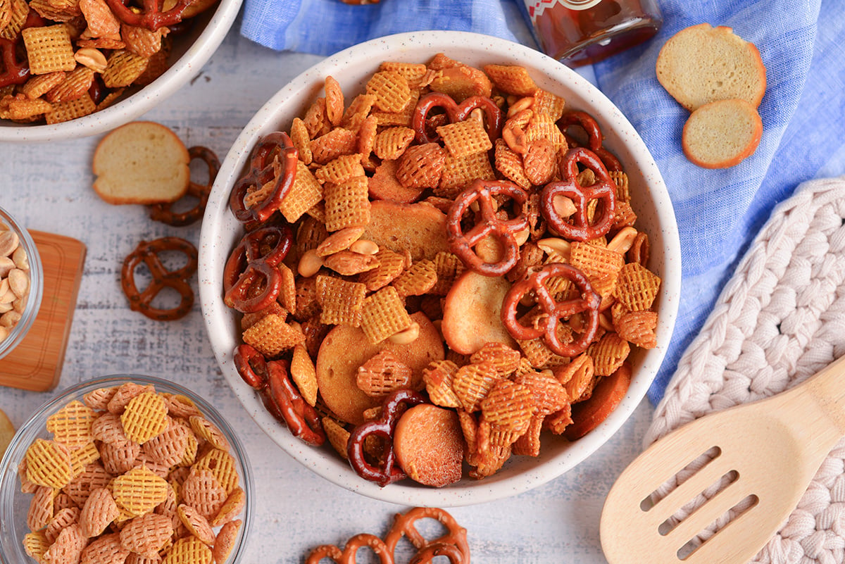 overhead shot of bowl of hot honey snack mix