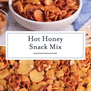 collage of hot honey snack mix