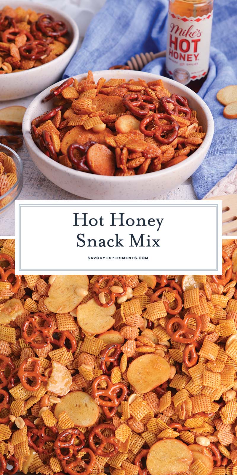 collage of hot honey snack mix
