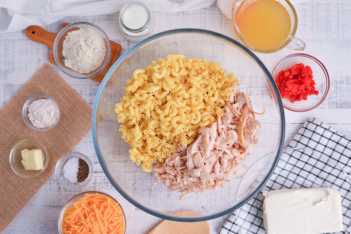 overhead shot of huntington chicken casserole ingredients