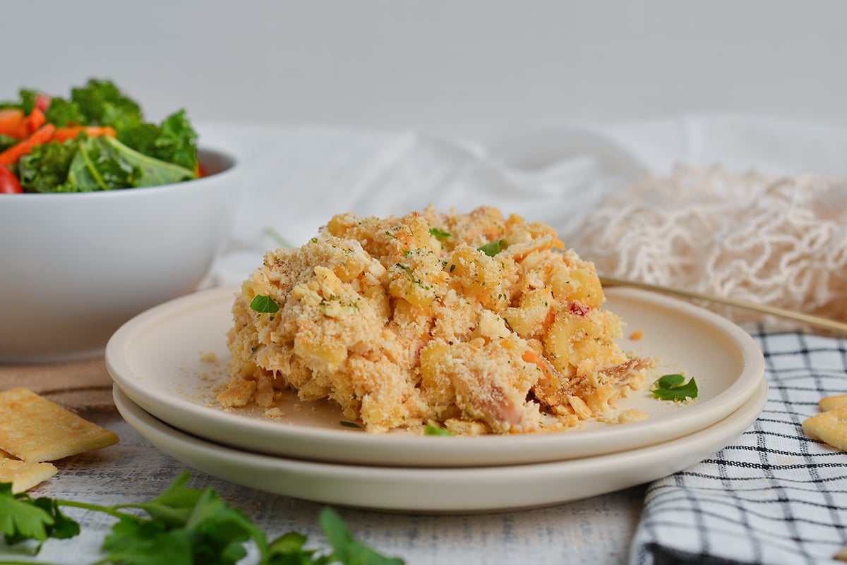 straight on shot of huntington chicken casserole on plate