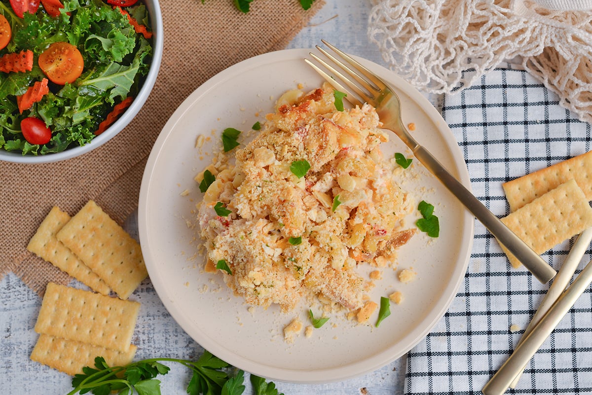 overhead shot of chicken noodle casserole on plate with fork