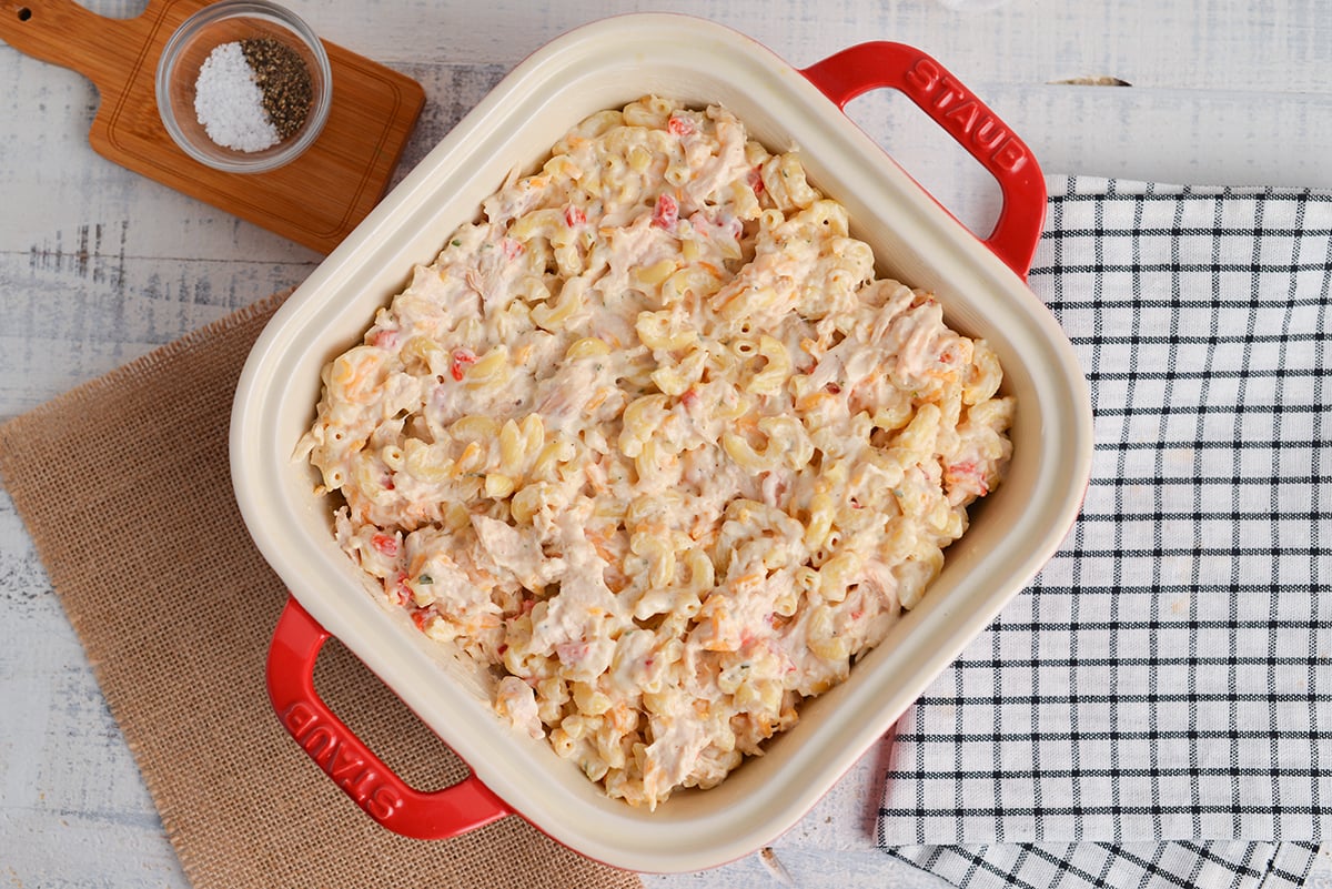 chicken noodle casserole filling in baking dish