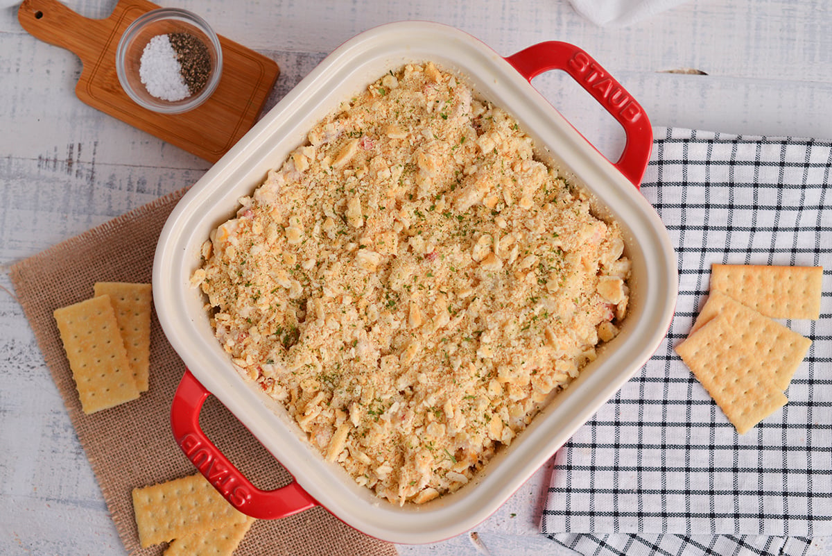 overhead shot of cracker topping on huntington chicken casserole