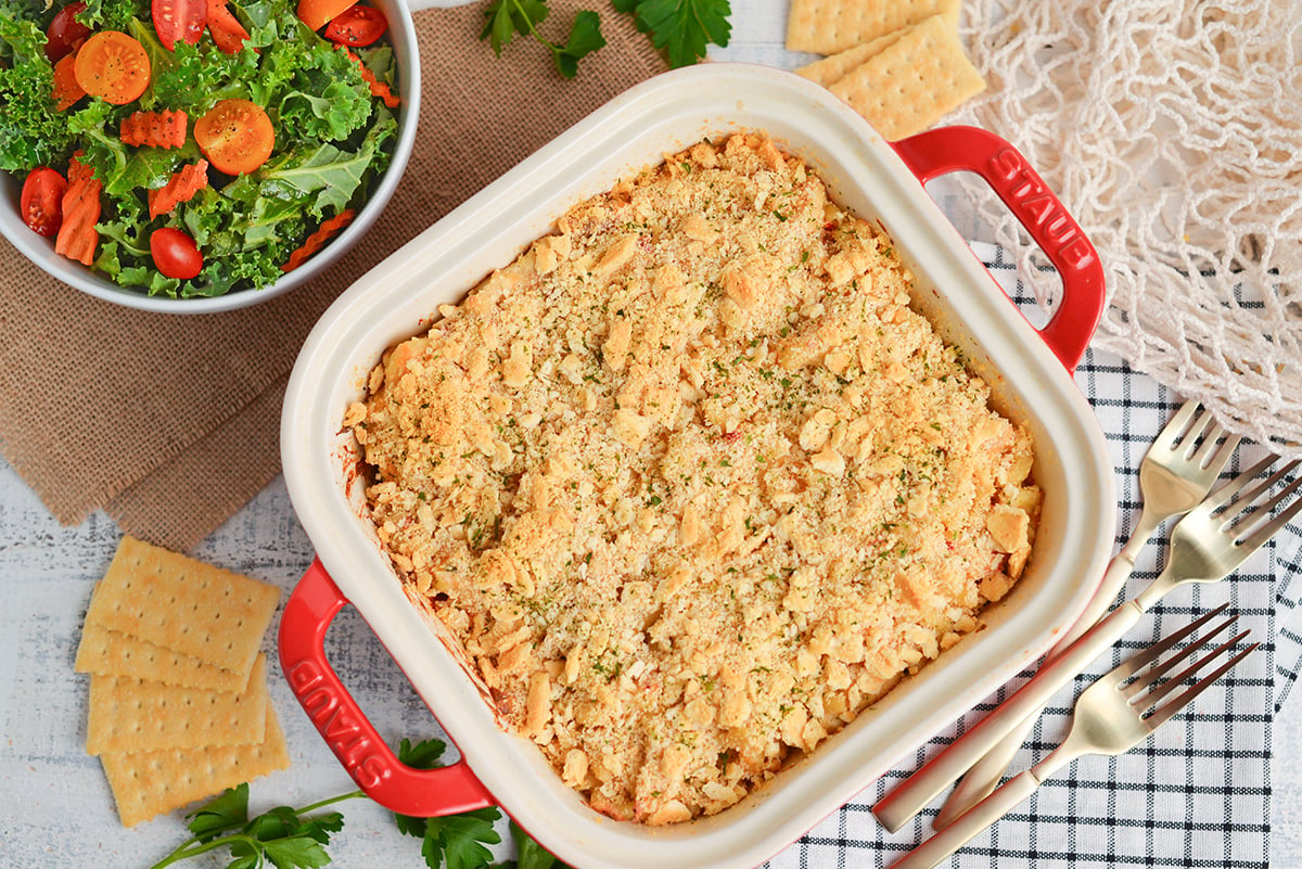 overhead shot of chicken noodle casserole in baking dish