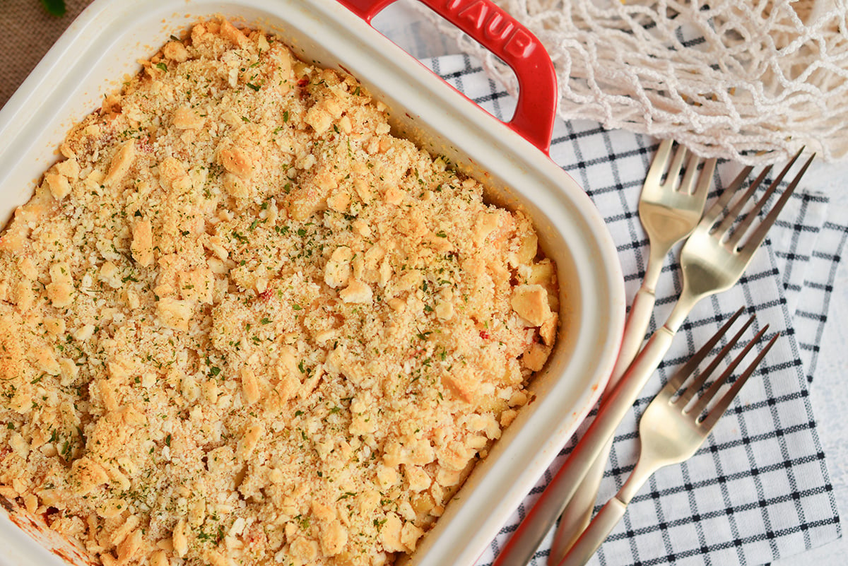 overhead shot of huntington chicken casserole in baking dish