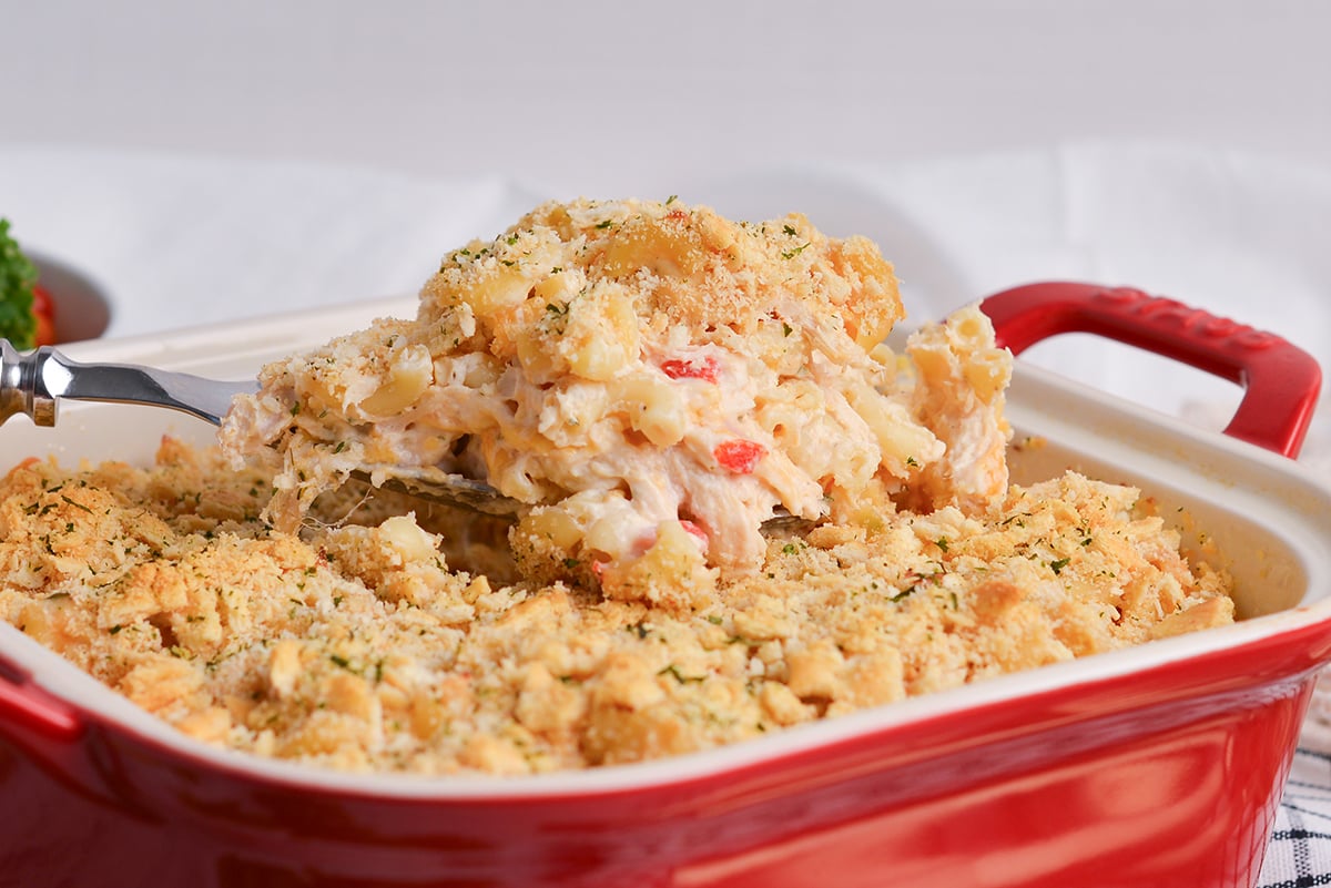 straight on shot of serving spoon in huntington chicken casserole dish