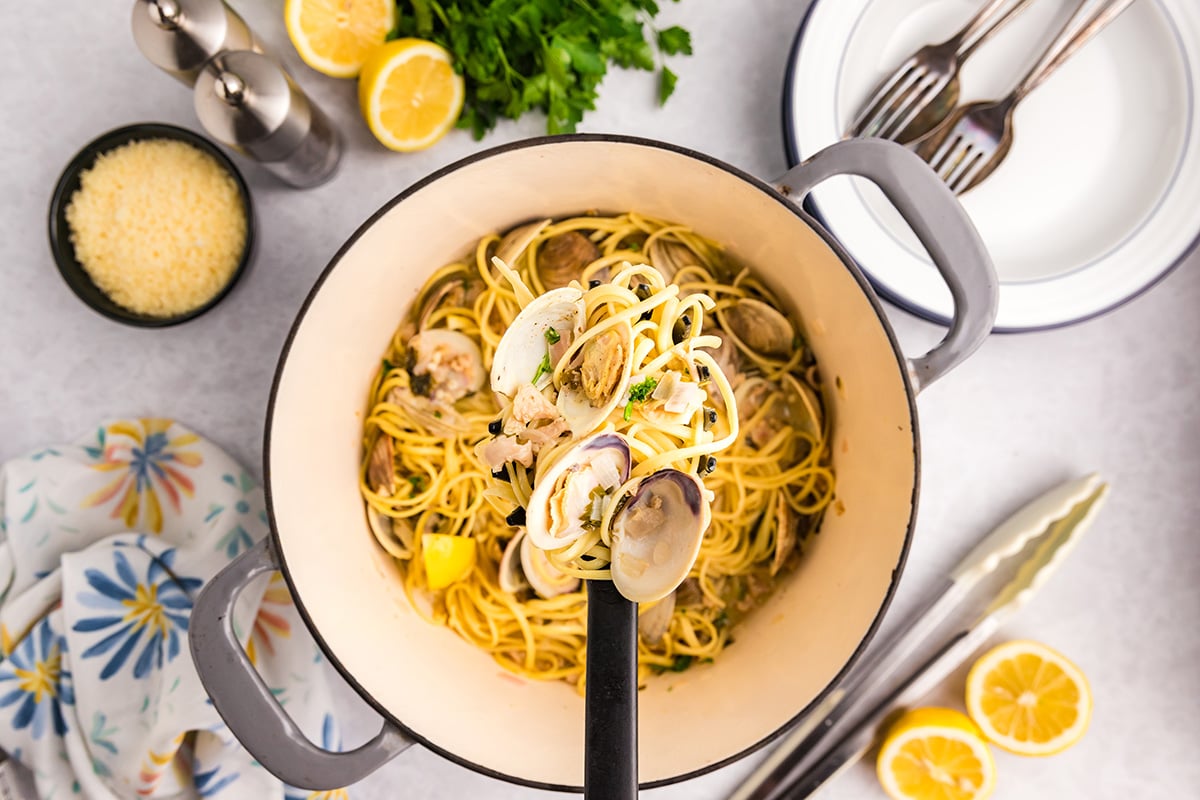 overhead shot of linguine with white clam sauce in serving spoon