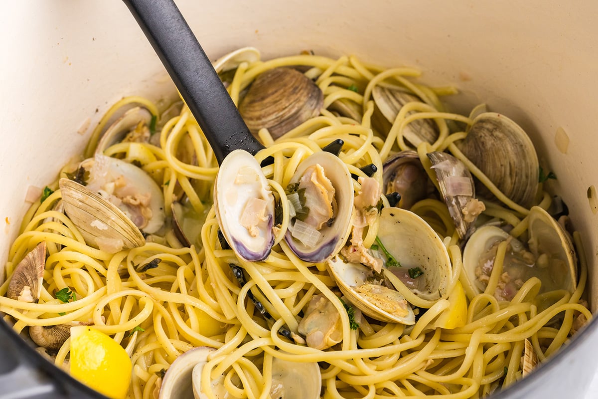 angled shot of serving spoon in pot of linguine with white clam sauce