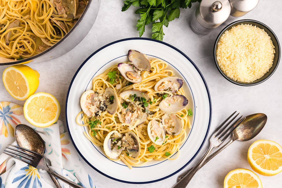overhead shot of linguine with white clam sauce in bowl