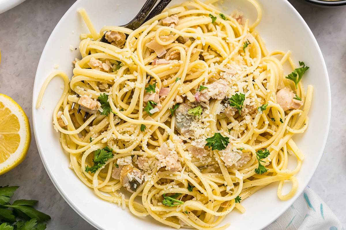 close up overhead shot of bowl of pasta with clams