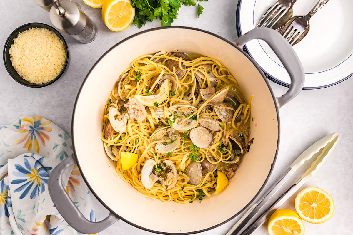 overhead shot of linguine with white clam sauce in pot