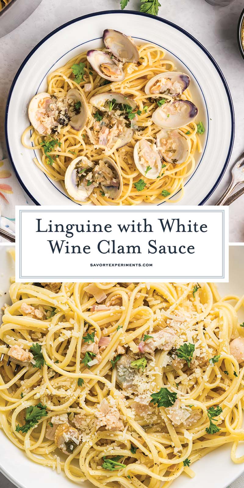 collage of linguine with white clam sauce