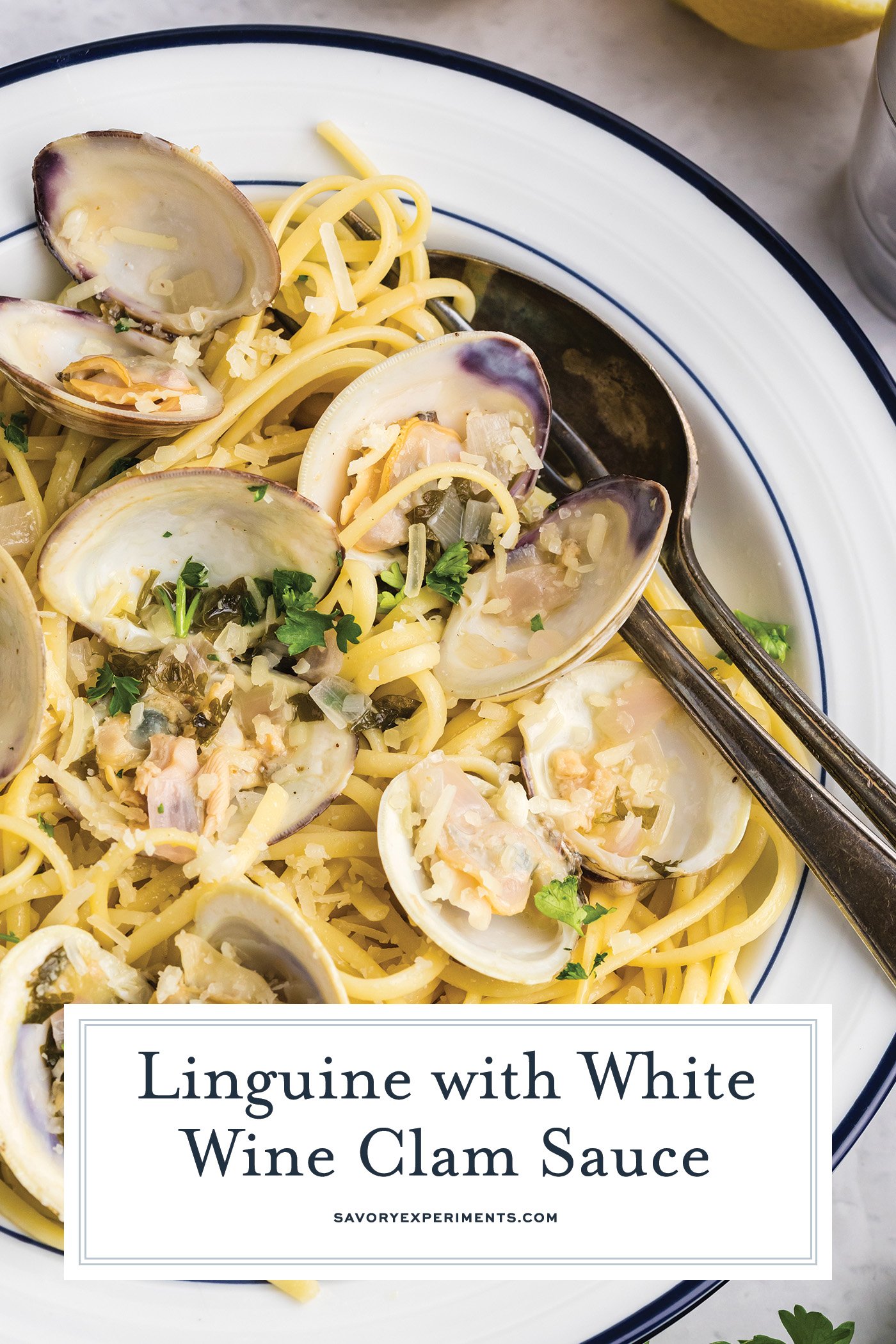 overhead shot of bowl of linguine with white clam sauce with text overlay