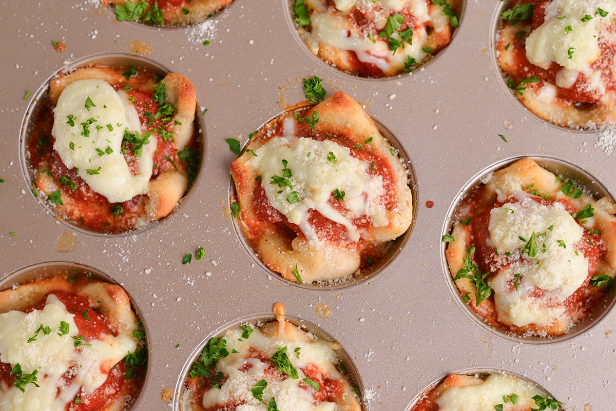 close up overhead shot of tray of cheesy meatball bombs