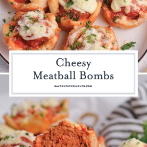 collage of cheesy meatball bombs