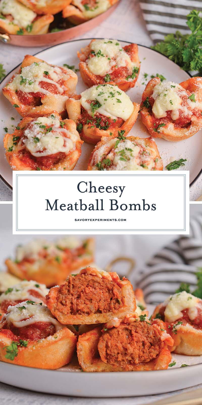 collage of cheesy meatball bombs