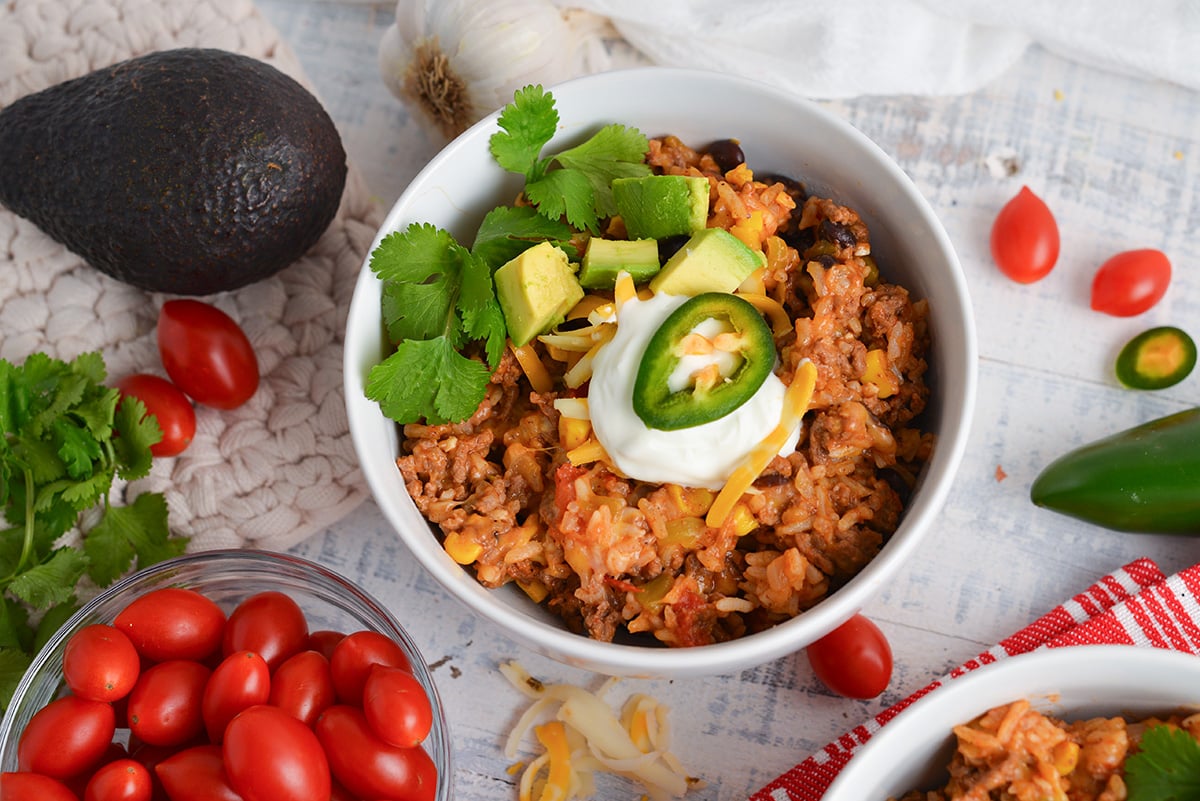 close up overhead shot of overhead shot of bowl of mexican ground beef casserole