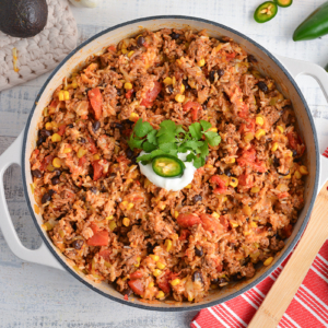 overhead shot of mexican ground beef casserole in pan