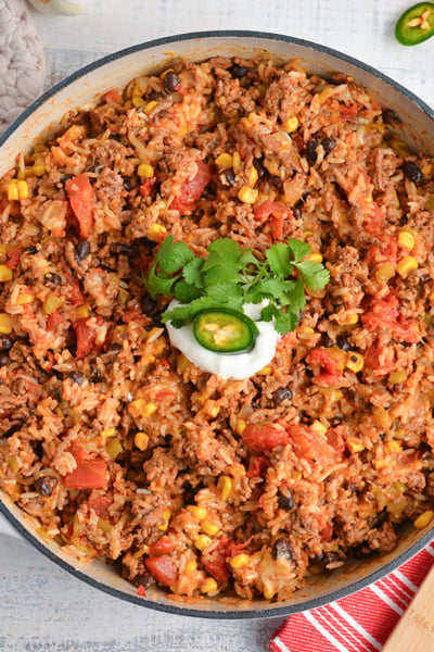 overhead shot of mexican ground beef casserole in pan