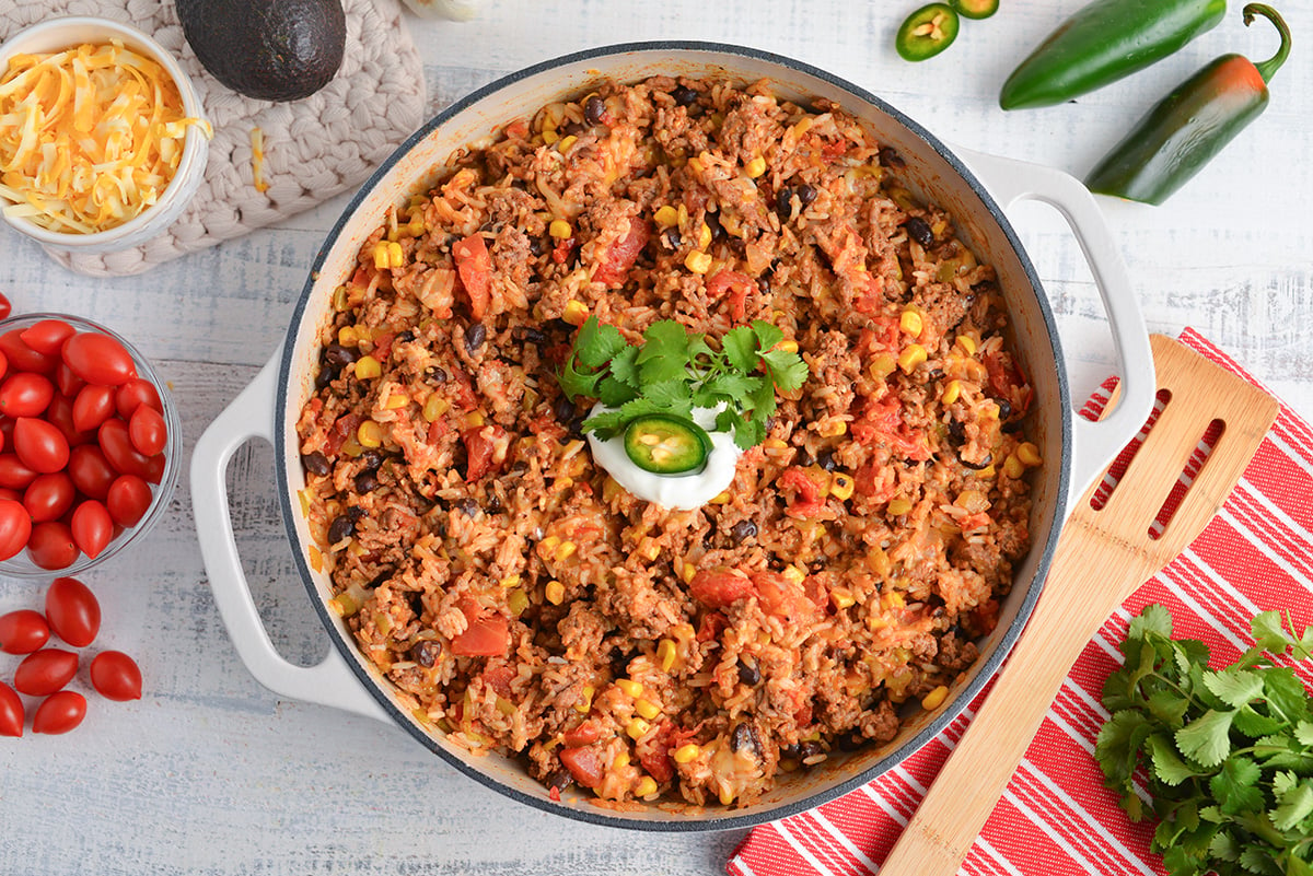 overhead shot of mexican ground beef casserole in pan