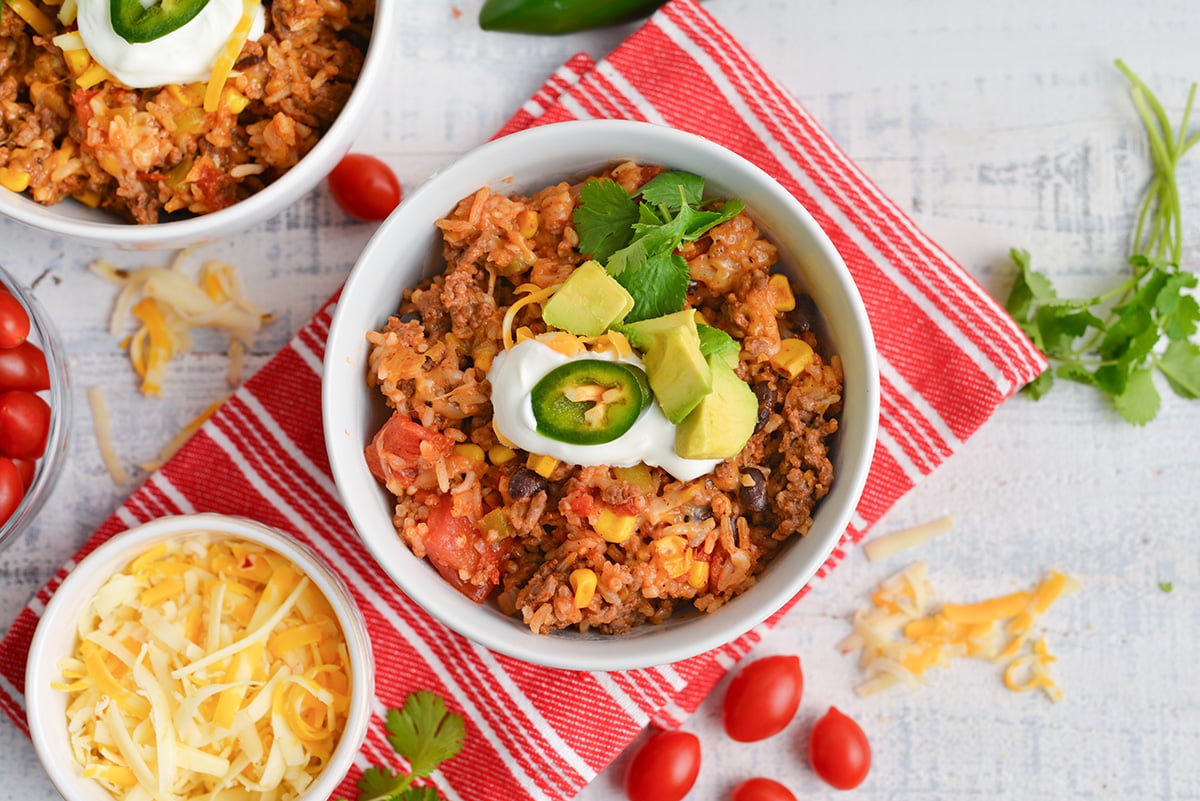 overhead shot of bowl of mexican ground beef casserole