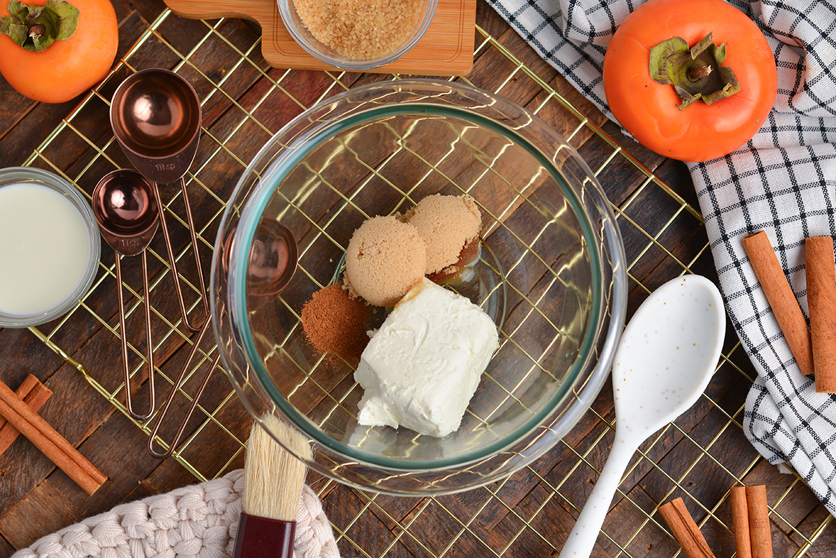 overhead shot of maple icing ingredients in bowl