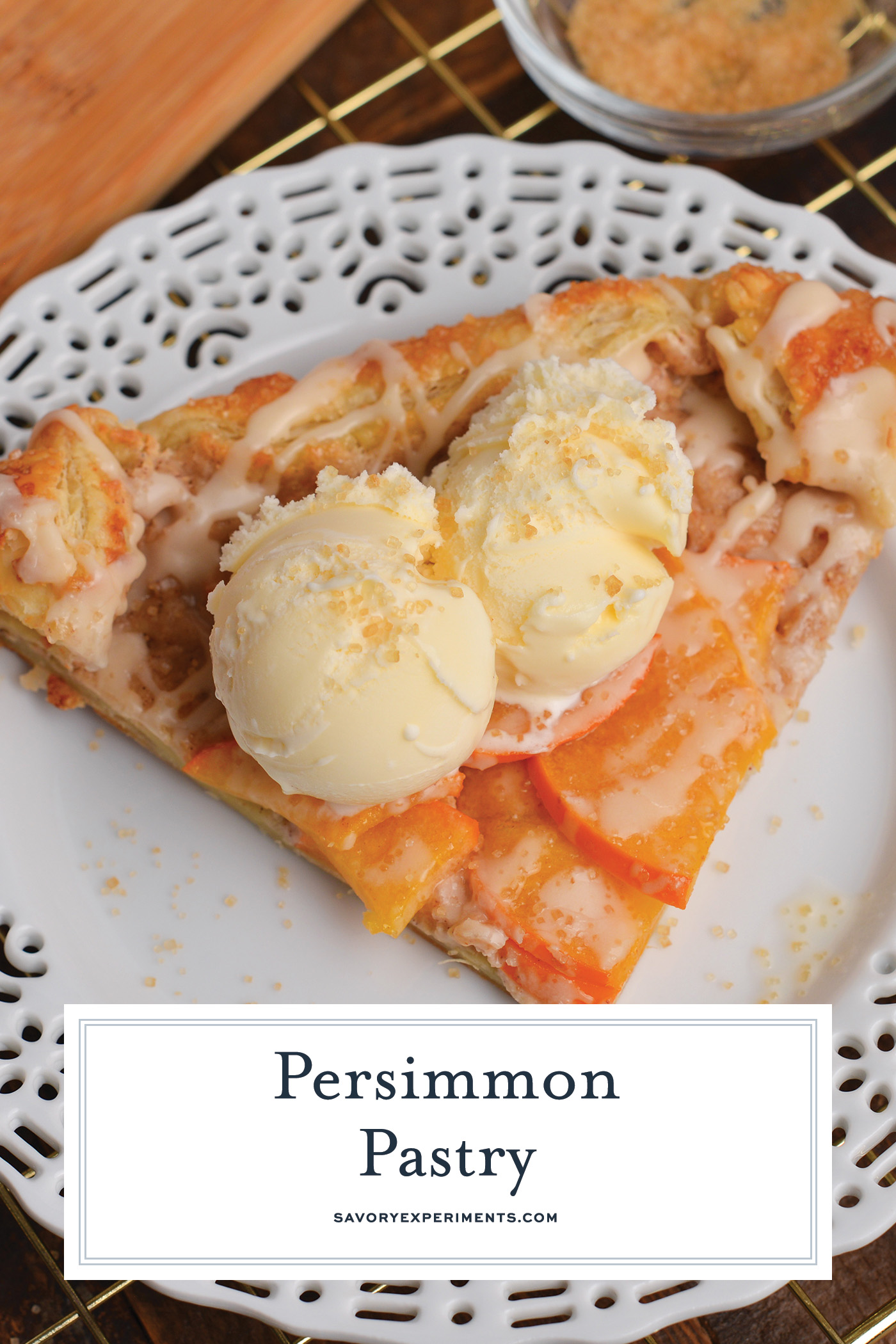 slice of persimmon pastry on plate with text overlay for pinterest