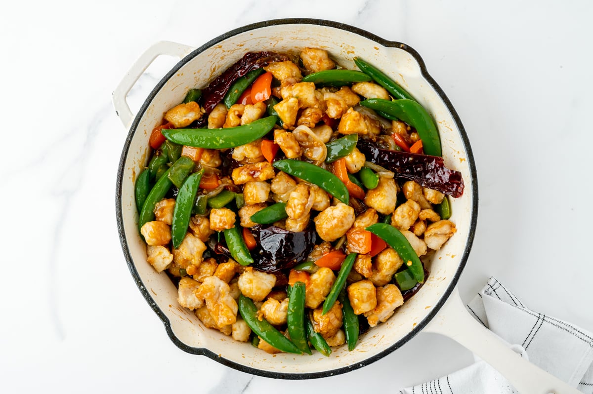 overhead shot of szechuan chicken in pan