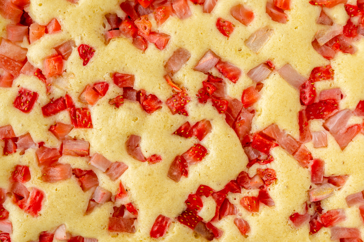 close up overhead shot of strawberry pancakes