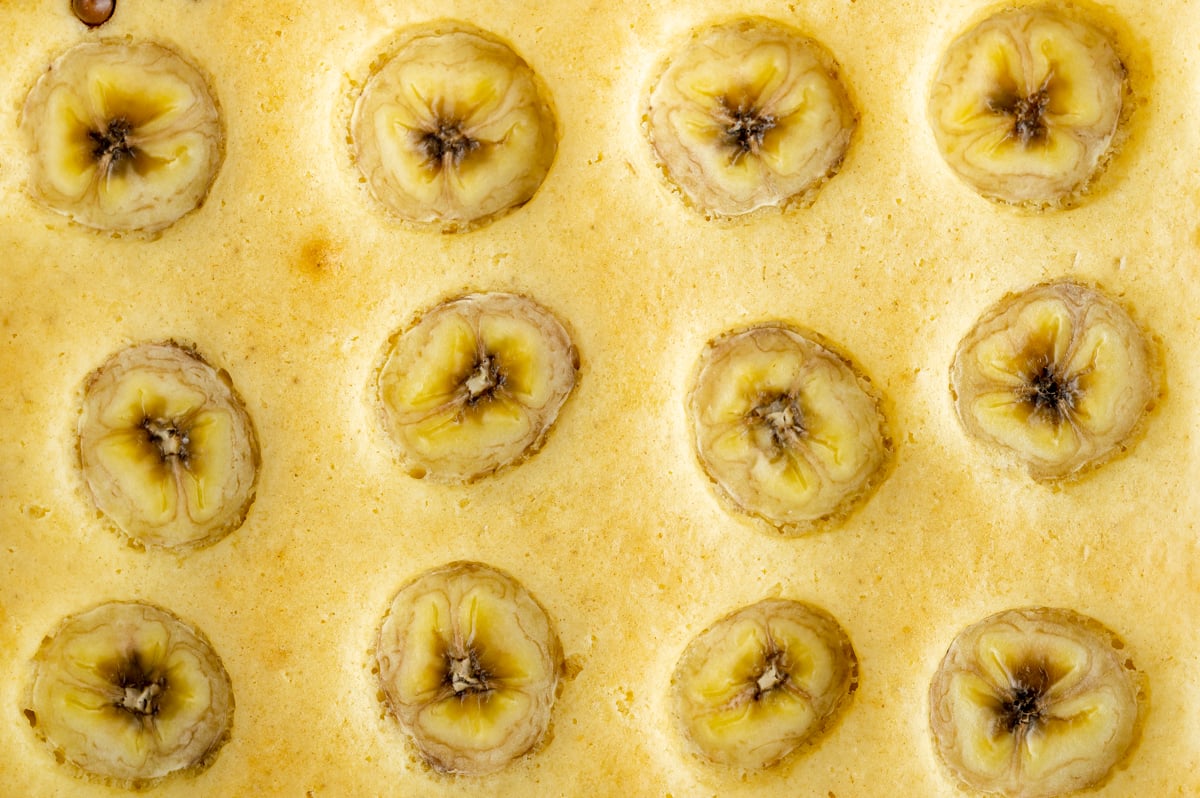 close up overhead shot of banana pancakes
