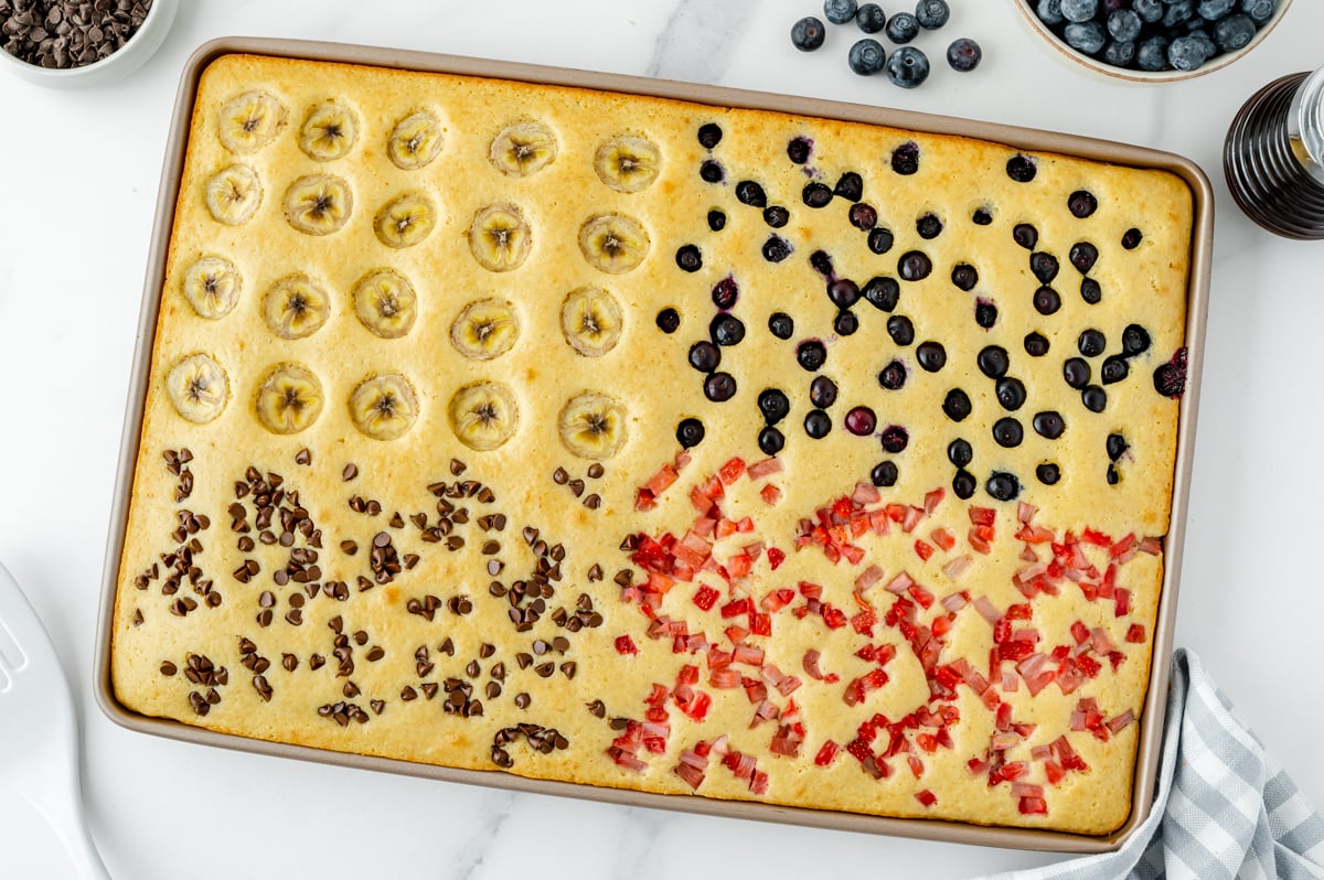 overhead shot of pancakes cooked in sheet pan