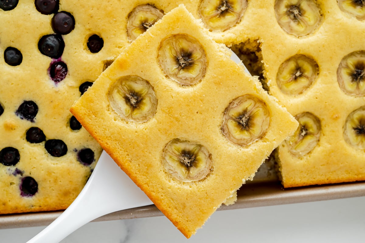 close up of banana sheet pan pancake on spatula