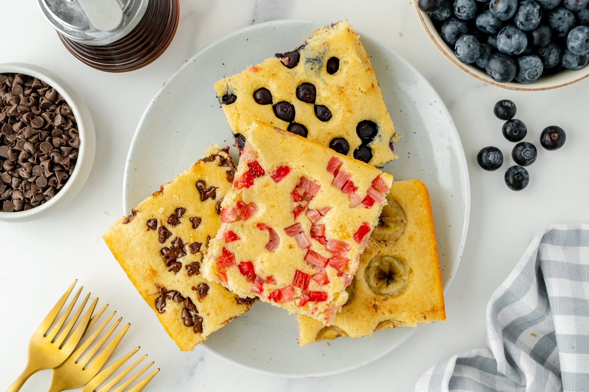 overhead shot of four sheet pan pancakes on a plate