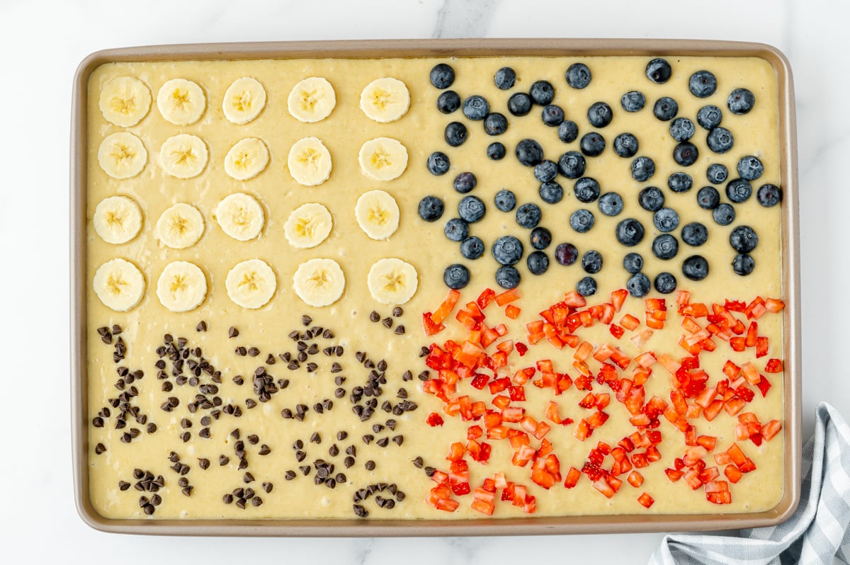 topping added to pancake batter in sheet pan