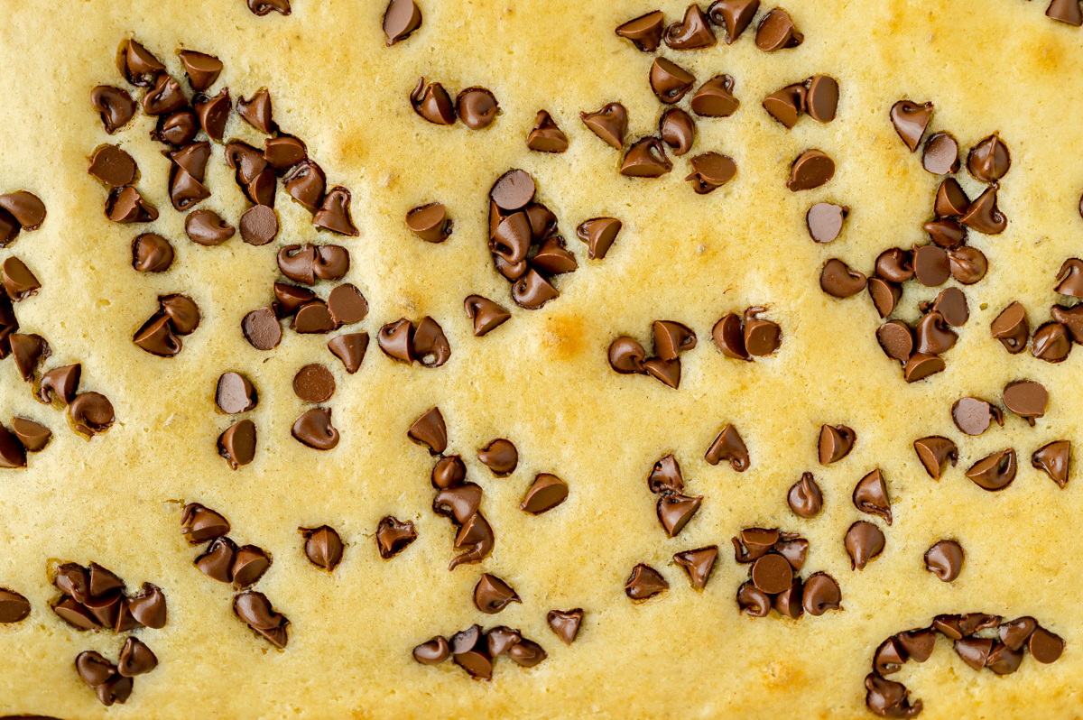 close up overhead shot of chocolate chip pancake