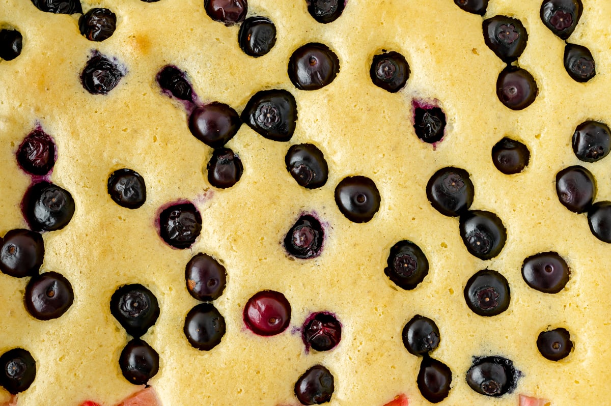 close up overhead shot of blueberry pancakes
