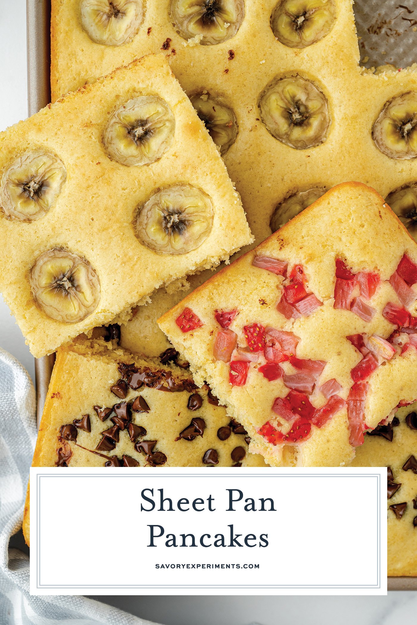 overhead shot of sheet pan pancakes with text overlay