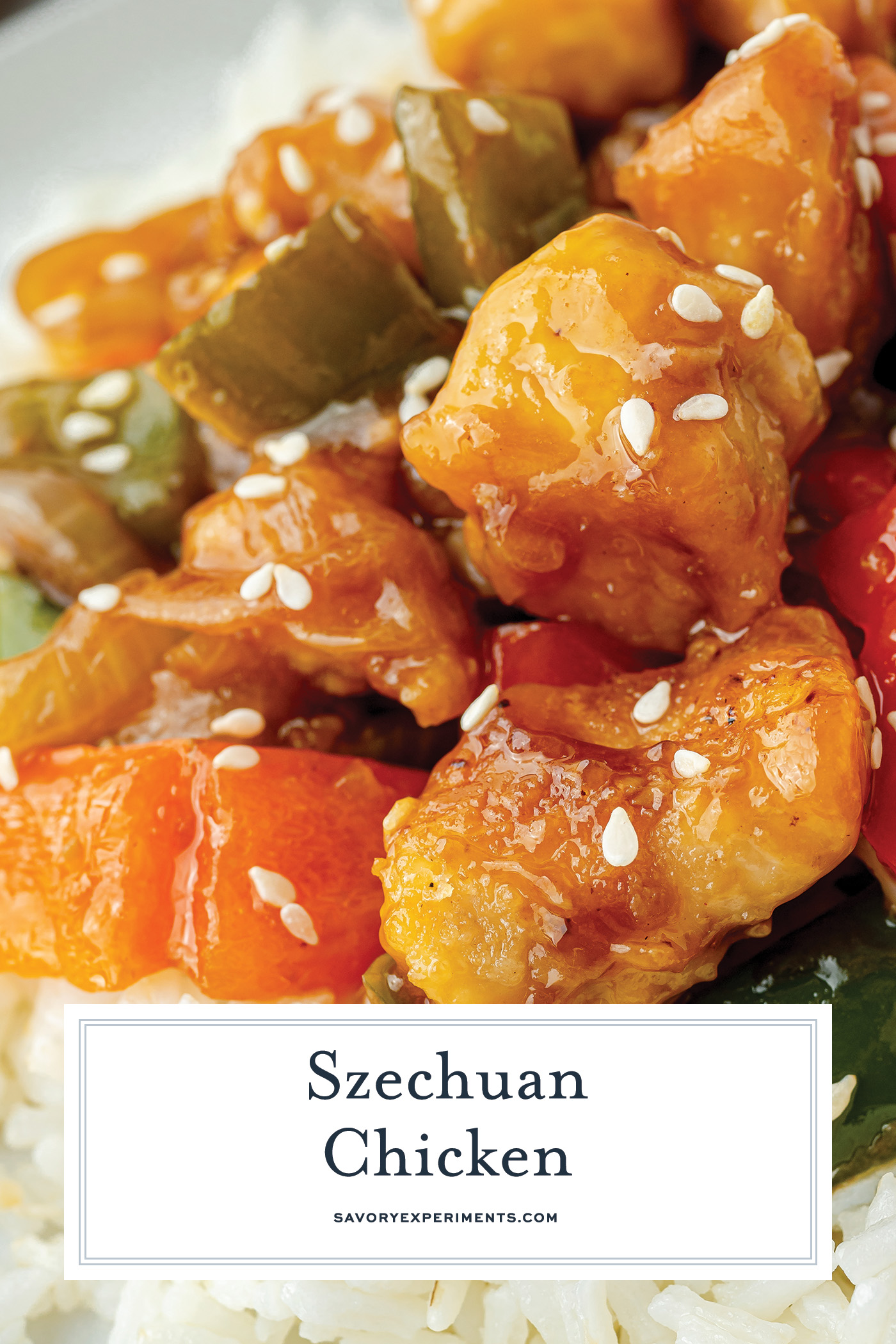 close up angled shot of szechuan chicken with text overlay