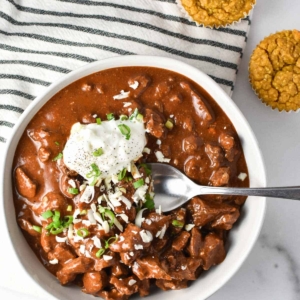 overhead shot of bowl of texas chili