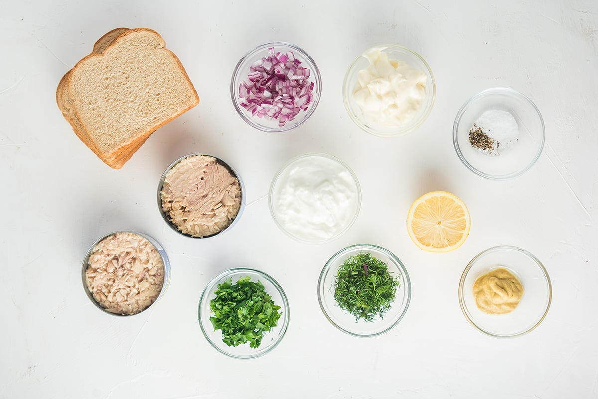 overhead shot of tuna salad ingredients