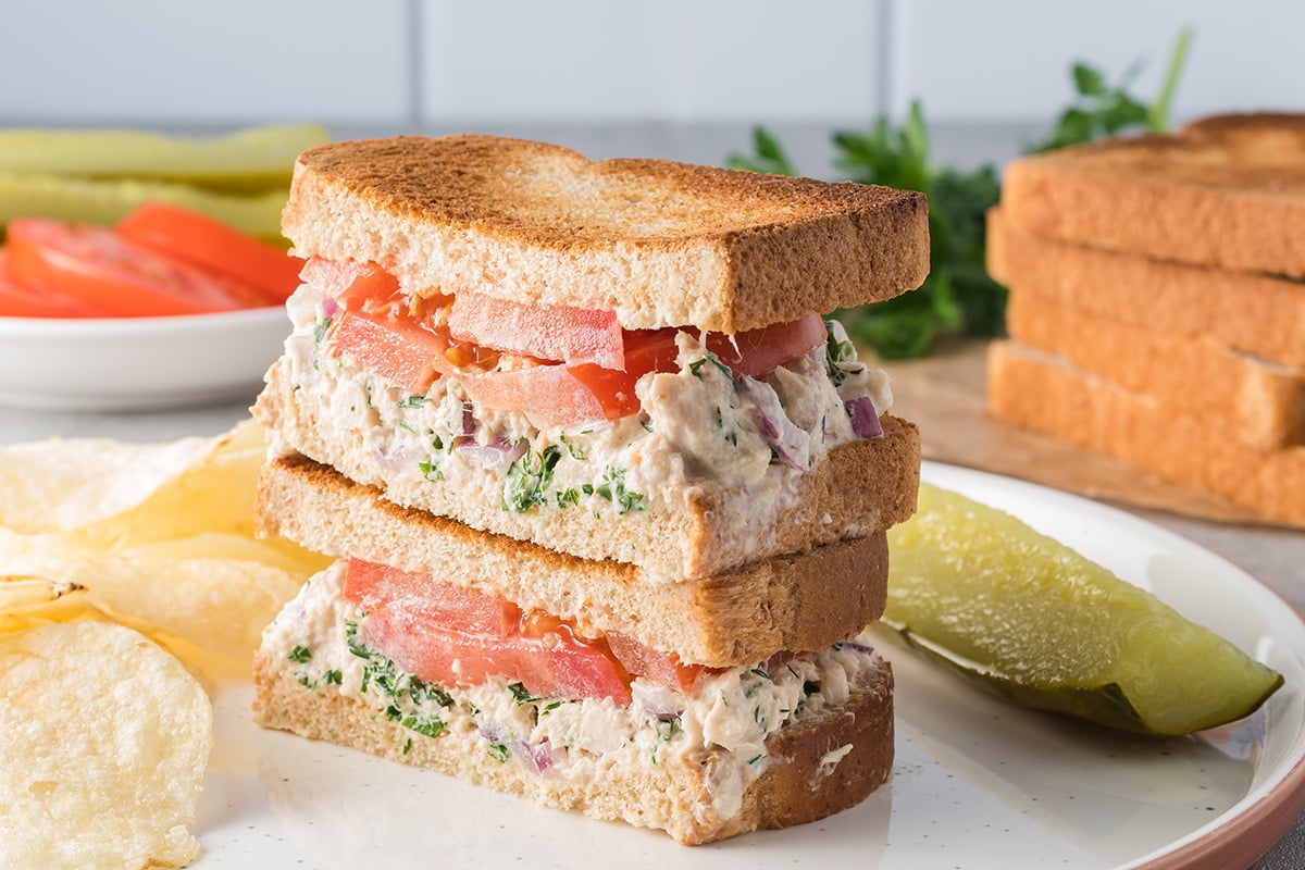 angled shot of tuna salad sandwich halves