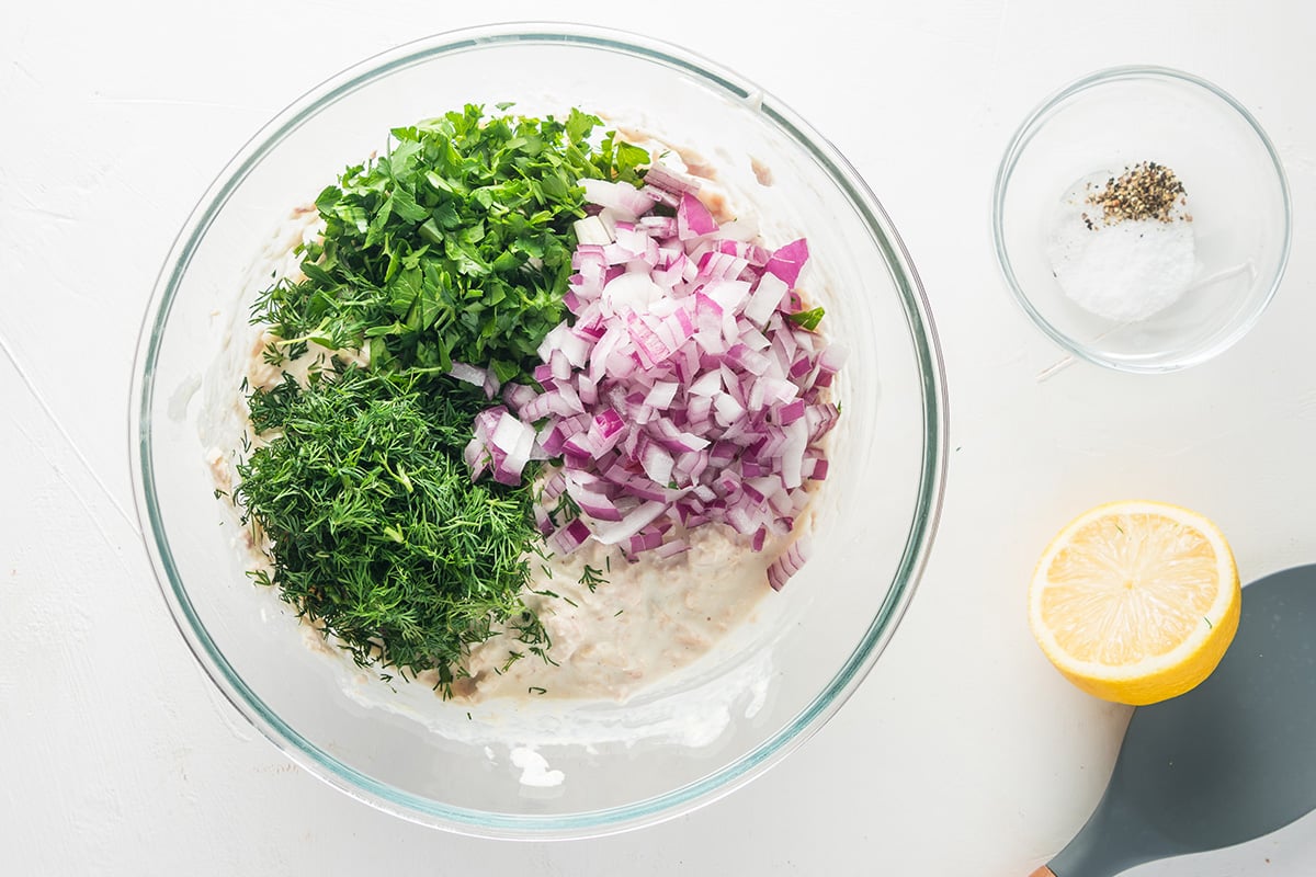 tuna salad ingredients in a bowl