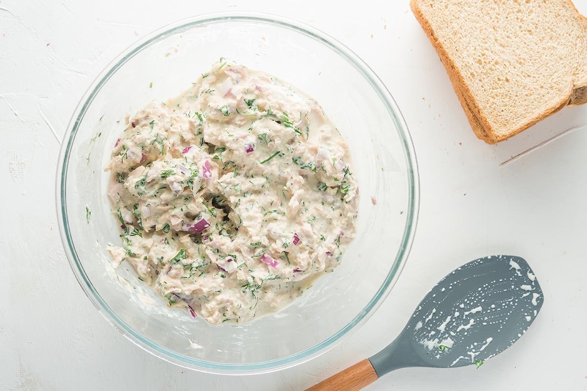 overhead shot of tuna salad in bowl